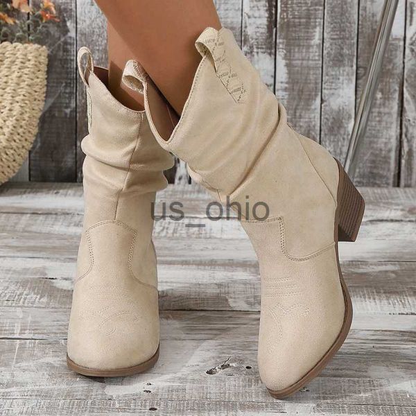

boots faux suede pleated cowboy ankle boots for women 2023 autumn pointed toe chunky heels short boots woman pu leather western botas j23081, Black
