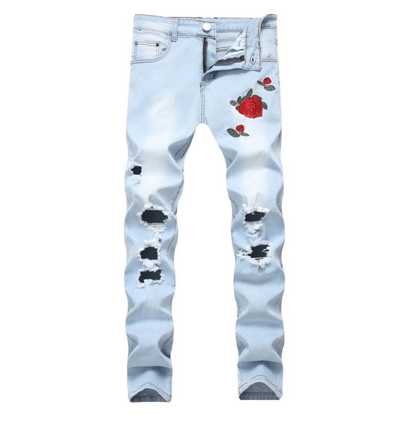 

fashionskinny jeans men rose embroidery blue and black color hole elastic waist slim fit plus size long pattern pants7837241