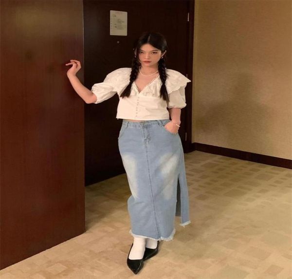 

skirts 2022 summer fashion allmatch temperament design sense light blue high waist slim straight edge slit long denim skirt2462174, Black