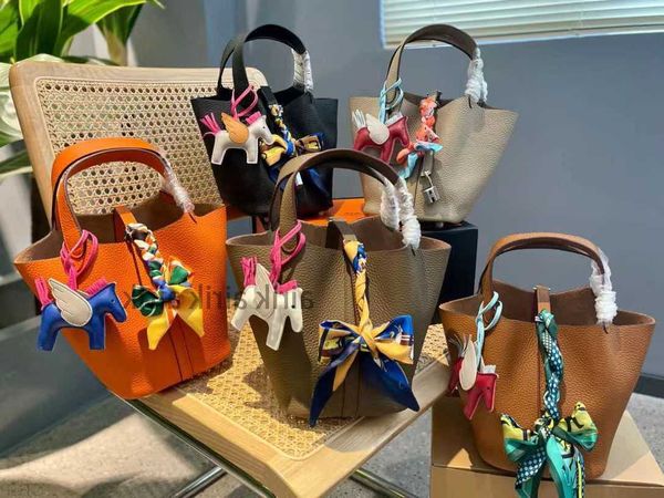 

vegetable basket bags picotin lock female genuine leather 2023 first layer cowhide handbag large capacity bucket bag brand tote luxur3g