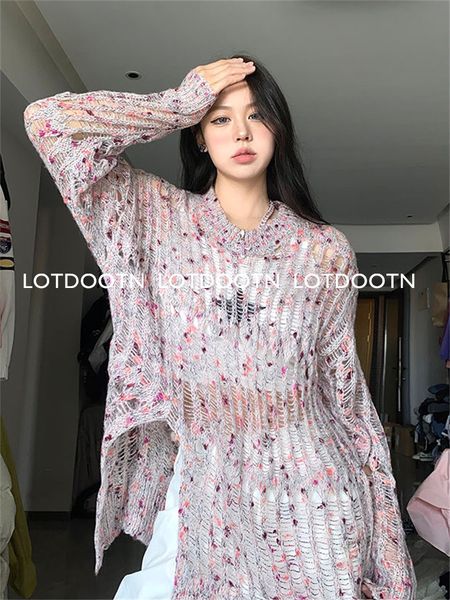 

womens sweaters lotdootn pink gothic long women ripped holes loose knitted pullover frayed fairy grunge jumpers y2k thin streetwear 230811, White;black
