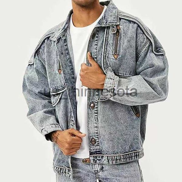 

men's jackets american retro jacket snowflake washed vintage denim jacket zipper pocket tooling lapel jean coats loose motor jaqueta ou, Black;brown