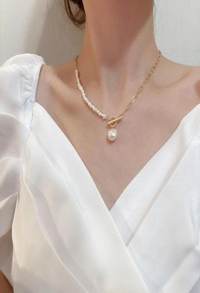 

chokers elegant natural freshwater pearl necklace for women gold chunky link chain asymmetry toggle clasp circle6059089, Golden;silver