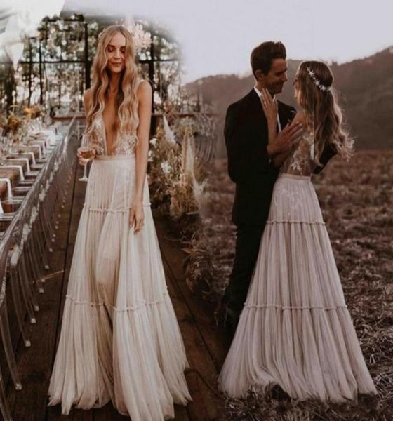 

aline wedding dresses bohemian boho deep vneck whimsical boho dreamy country bridal gowns beach vestido de noiva7723836, White