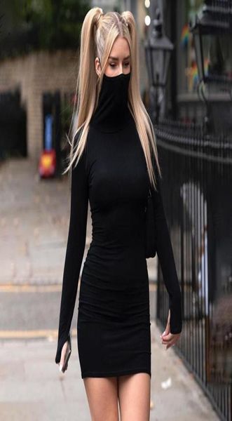 

2020 new fashion women high ncek solid fashion summer club bodycon dresses woman party long sleeved mini dress for female8211545, Black;gray