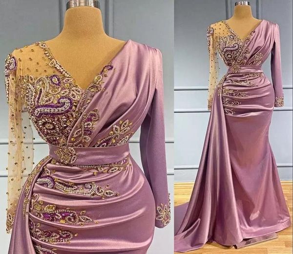 

light purple mermaid evening dresses wear sheer v neck crystal beaded long sleeves formal prom party second reception special occa7421782, Black;red