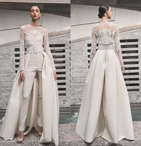 

2019 elegant beach wedding dresses jumpsuits with detachable skirt satin sweep train sweetheart country bridal gowns with jacket l1103318, White