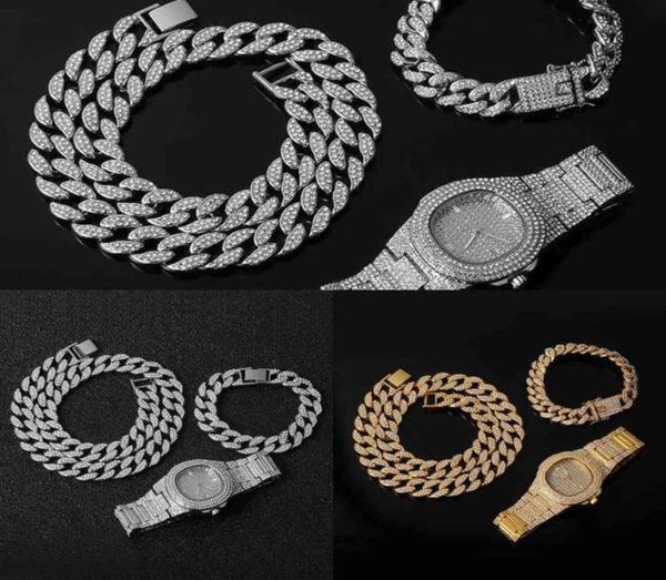 

men039s jewelry set 3piece set necklace watch and bracelet hip hop miami edge cuban chain gold all ice diamond cz flas7647395, Silver