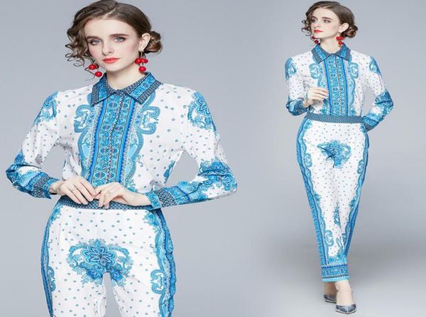 

whole new spring summer fall 2pcs womens ladies casual sets vintage floral print collar long sleeve shirt blouse pant suit2591837, White