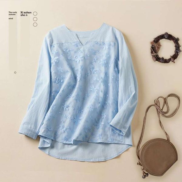 

spring and summer japanese shirt korean womens clothing cotton linen lace embroidered long sleeved loose top, White