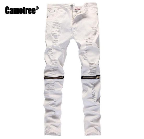 

whole mens designer slim white ripped holes jeans pants skinny biker distressed jeans knee zipper design streetwear1342807, Blue