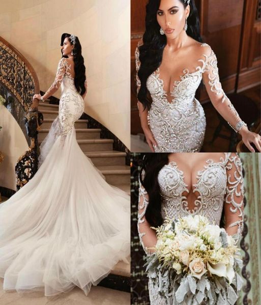 

luxurious 2019 arabic wedding dresses mermaid beading embroidery bridal dresses sheer neck long sleeves wedding gowns vestido4201977, White