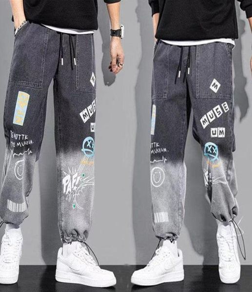 

men039s pants autumn graffiti ankle banded jeans korean style loose casual harem men japanese fashion streetwear trousers2699075, Black