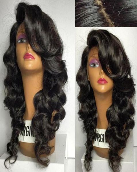 

silk lace wigs glueless side bangs virgin brazilian human hair silk base wigs with bangs glueless silk full lace wigs380735208260, Black;brown