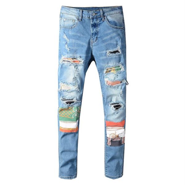 

men's printed patch design patchwork slim skinny jeans streetwear holes ripped stretch denim pants194l, Blue