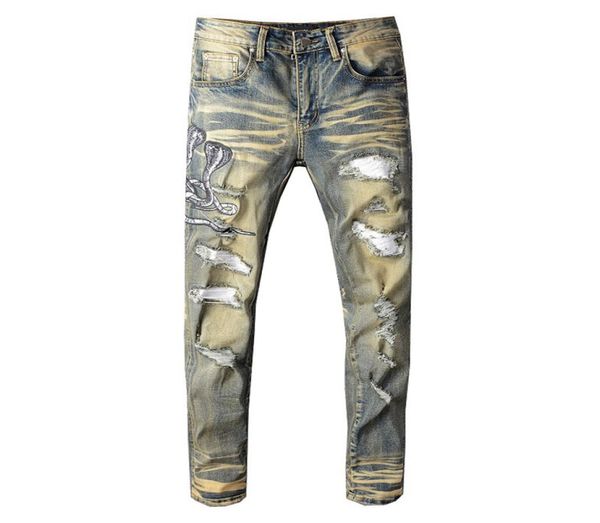 

sokotoo men039s snake embroidered retro denim jeans slim skinny holes pu leather patchwork stretch pants mx2008145343803, Blue