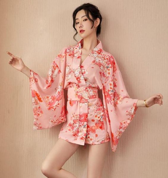 

ethnic clothing women kimono japanese cherry blossom print chiffon waist pink loose comfortable girl bathrobe home pajamas kawaii 9836790, Red