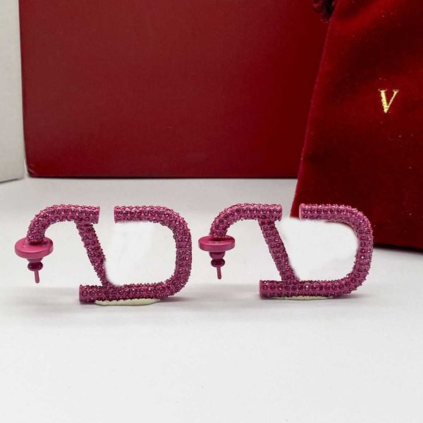 

fashion designer valentino huajia v-letter rose red full diamond large earrings for female celebrities exaggerate net silver needle women, Golden