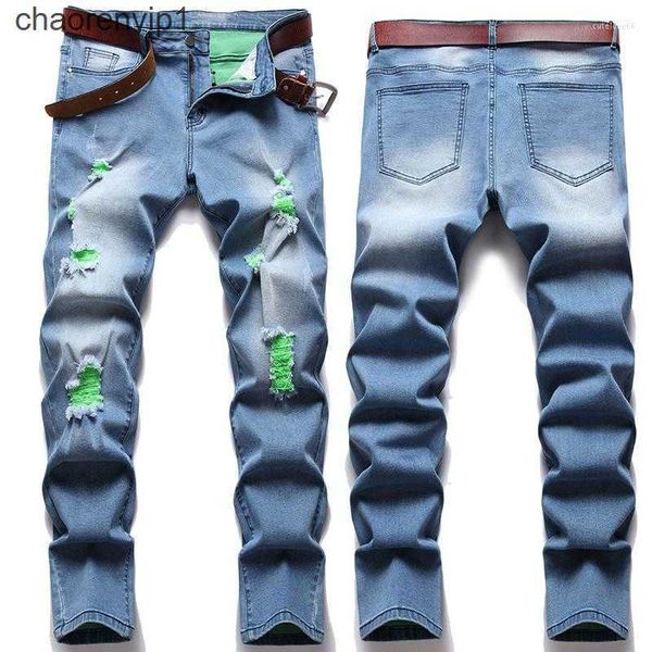 

men's jeans tide straight leg pants korean trend hole begga denim ruined r casual trousers large size, Blue