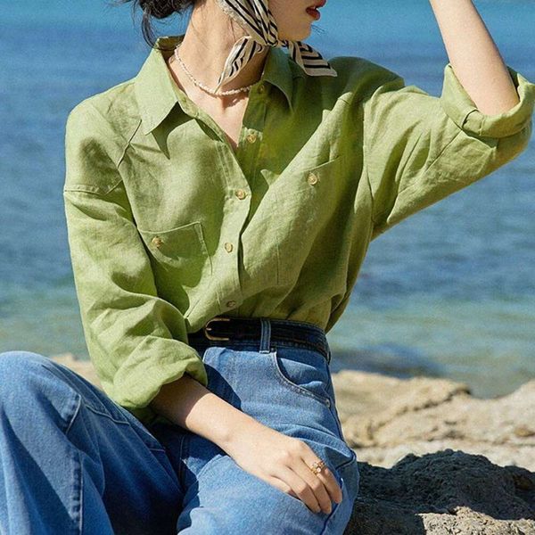 

flax green long sleeved salt shirt womens summer casual loose, White