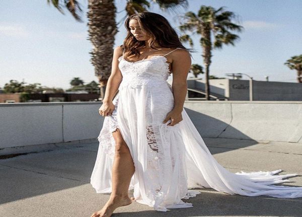 

new beach boho wedding dresses with spaghetti straps lace backless side slit chiffon a line plus size wedding gow5812700, White