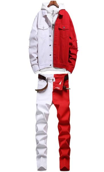 

fashion new tracksuits stitching color men039s sets half red and half white autumn denim jacket matching slim stretch jeans two1198426, Gray