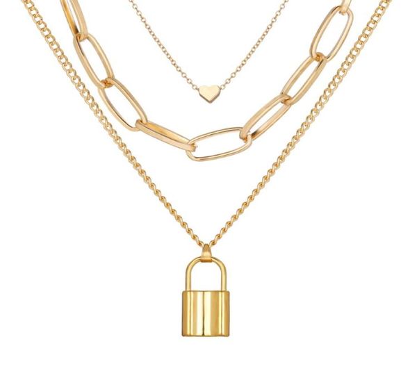 

new highquality multilayer pendant necklaces creative retro simple peach heart lock pendant threelayer sweater chain whole1097816, Silver
