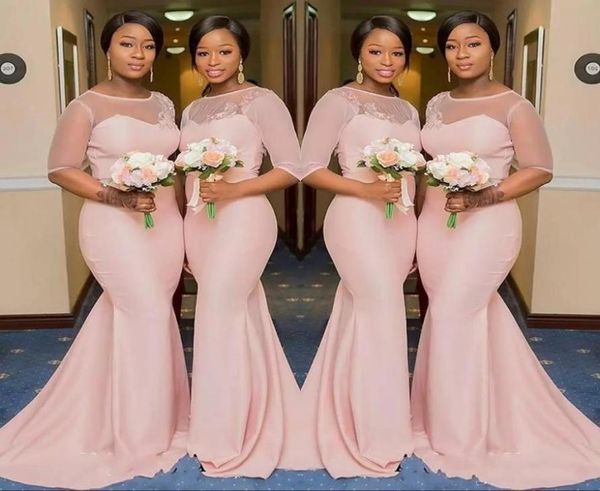 

2022 blush pink sheer jewel neck bridesmaid dresses 12 sleeve mermaid floor length black girls maid of honor gown wedding guest dr1112260, White;pink