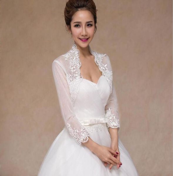 

new bridal jacket with long sleeve lace wedding bolero plus size 34 sleeves applique ivory tulle wedding jacket8106945, White