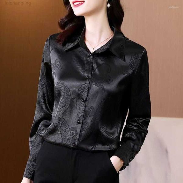

women's blouses silk shirt long-sleeved blouse female 2023 jacquard satin polo lead jobs fashion long sleeve solid turn downnkxp, White