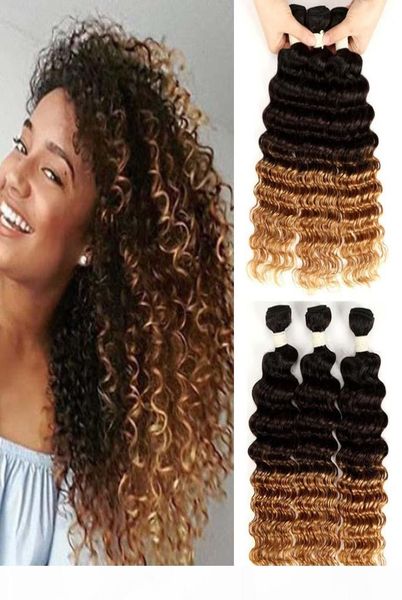 

3 tone ombre deep curly human hair bundles 3 bundles ombre brazilian deep wave weave deep curls hair1960341, Black