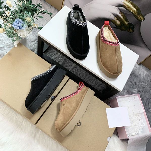 

2023 tasman slippers chestnut fur slides sheepskin shearling tazz new mules women men ultra platform boot slip-on shoes suede upper fall win, Black