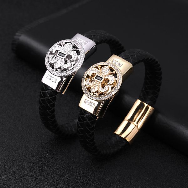 

classic micro pave stainless steel charm bracelet handmade black leather bracelets jewelry for men gift, White