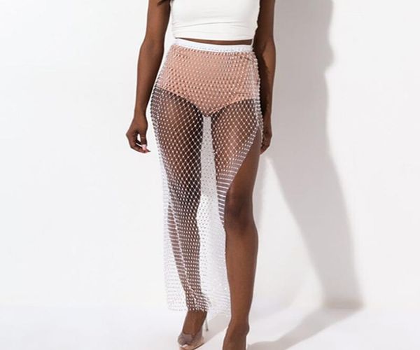 

shiny crystal rhines fishnet long women party split skirts mesh hollow out transparent night club skirt y2003267515746, Black