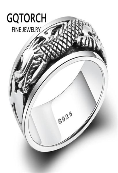

real pure 925 sterling silver dragon rings for men rotatable transfer luck vintage punk retro style anel masculino aneis y11243410679, Golden;silver