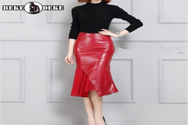 

skirts women sheepskin mediumlong leather skirt office ladies slim fit ruffles patchwork wrap real pencil plus size 4xl14891905, Black