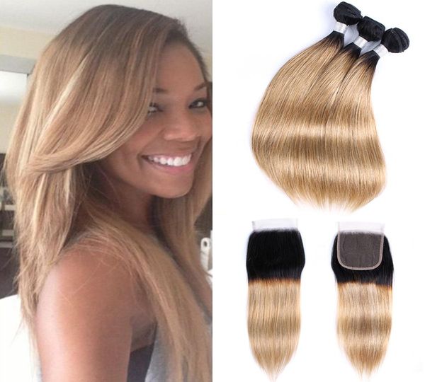 

1b27 ombre blonde hair bundles with closure 3 bundles with 4x4 lace closure brazilian straight hair remy human hair extensions3989236, Black;brown