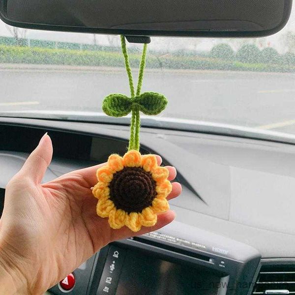 

decorations handmade crochet sunflower car hanging accessories for women teens interior rear view mirror flower charm decoration gift r23081