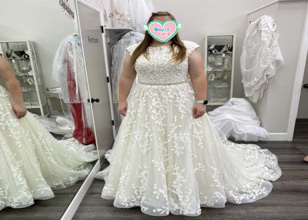 

stunning lace wedding dresses bateau neck a line bridal gowns with beaded sash covered buttons back sleeveless sweep train plus si3915780, White