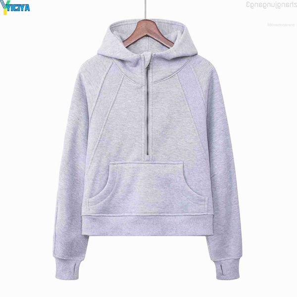 

yiciya designer half zipper hoodie same style winter scuba pullover pulled thickened lulus women hoodies hooded embroidery sweater loose, Black