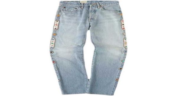 

men039s jeans kapital hirata and hiroshi gem rivets vintage washed blue jeans straight tube vibe pants5403642