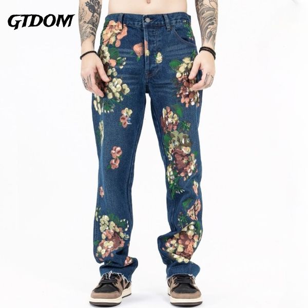 

men's jeans gtdom high street independent hand painted heavy industry fashion graffiti flower mustard pants couple 230810, Blue