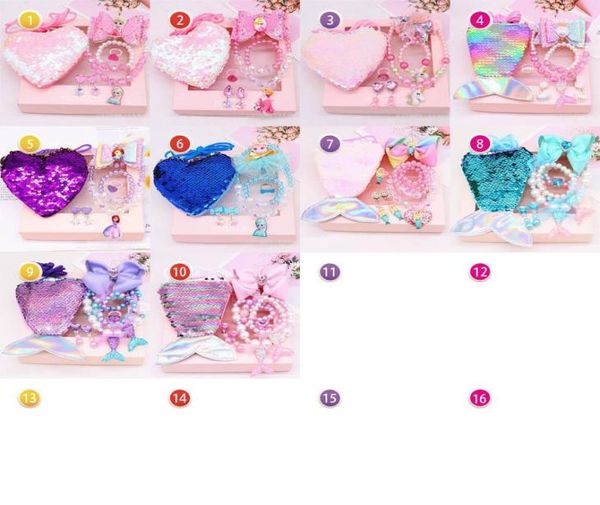 

mermaid sequin girls necklaces hair bows hair clipsnecklaces braceletearringsbags pursesrings 6pcsset girls jewelry kids gif5391607, Red;brown