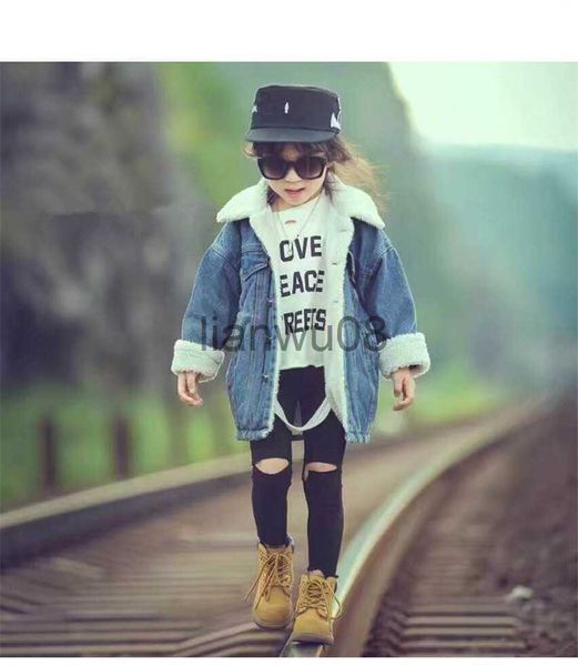 

jackets chidlren's winter coat girls jean jacket for girls baby girl clothes lamb wool warm denim outerwear children clothing set x0811, Blue;gray