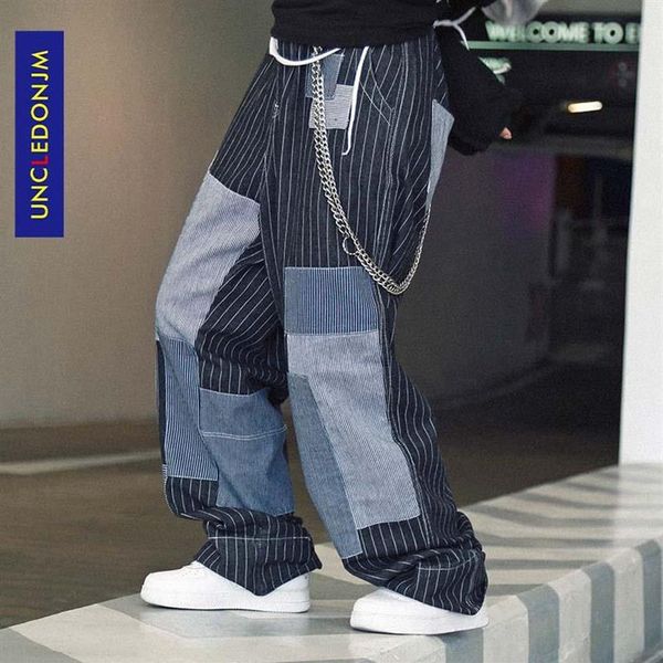 

uncledonjm hip hop patchwork mens jeans fashion harajuku vintage denim trousers casual joggers wide leg pants streetwear ad-19682309, Blue