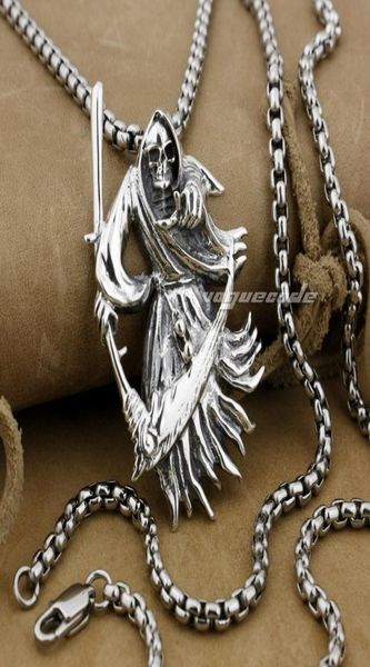 

linsion 925 sterling silver large grim reaper scythe death mens biker rock punk pendant 9h012 stainless steel necklace 24 inches6773555