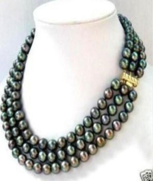 

3 row 78mm black akoya pearl necklace 1719inch01234567170081, Silver