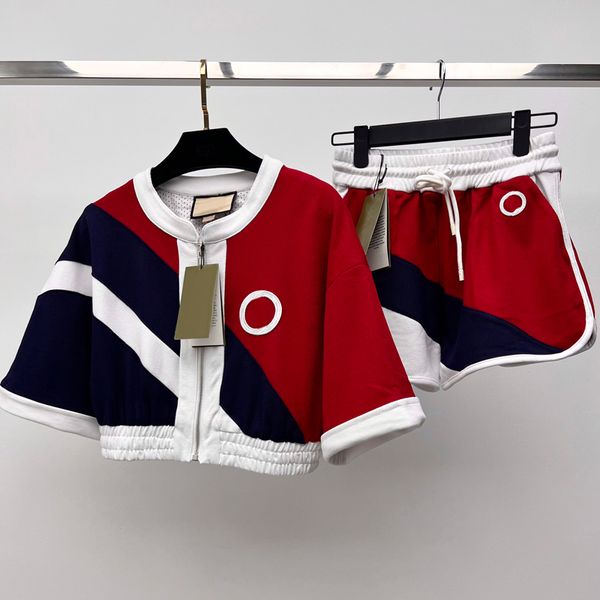 

8.11 casual fashion sporty women's two piece set contrast color striped letter embroidery zipper jacket + drawstring shorts, White