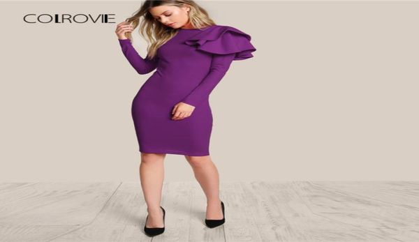 

colrovie purple one side tiered ruffle trim party dress 2018 autumn black slim elegant bodycon dress long sleeve women dresses y195635520, Black;pink