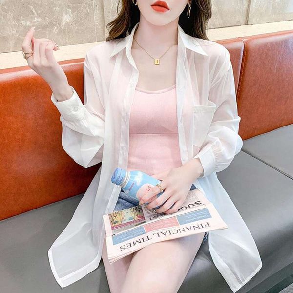 

short stature ice silk sunblock womens shirt summer thin versatile mid long sleeved cardigan top, White